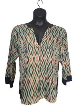 Collective Concepts Ikat Roll-Tab Sleeve Split-Neck Blouse Sz L
